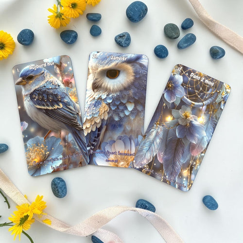 Trois cartes de l’Oracle Datation illustrant « Aujourd’hui », « Janvier » et « Dans 2 mois », dans un univers bleu, doré et fleuri.