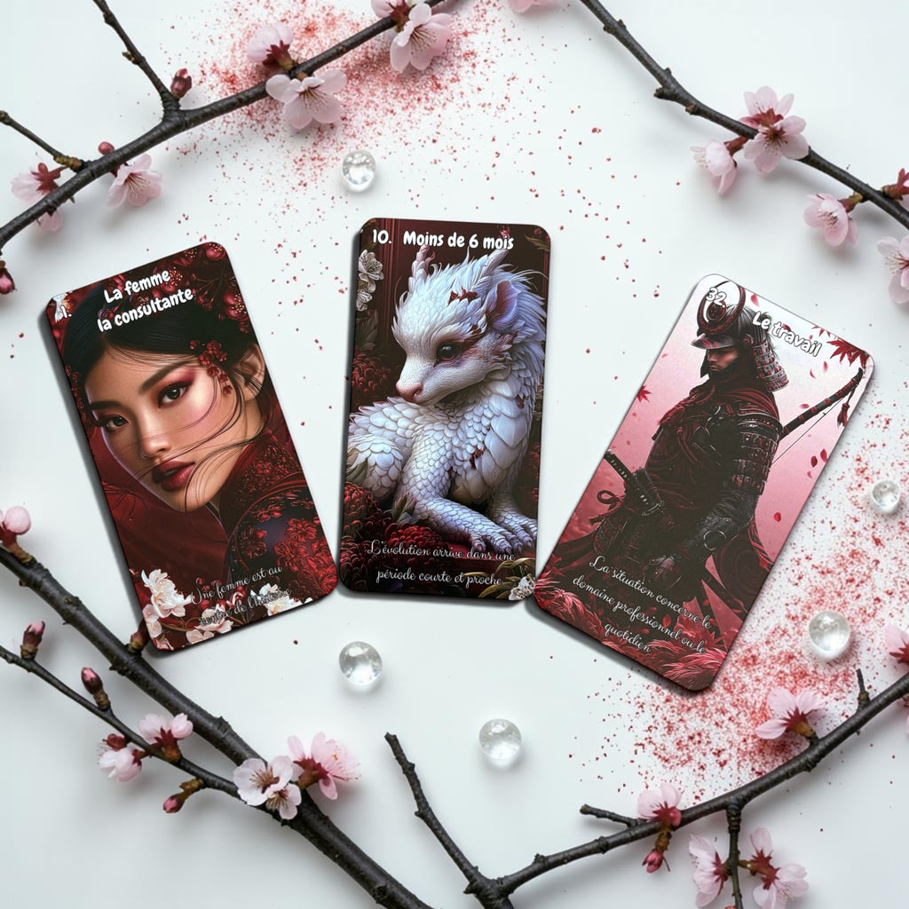 Trois cartes de l’Oracle Général illustrant la femme, un délai de moins de 6 mois et le travail, dans un univers japonais fleuri aux tons rouges et noirs.